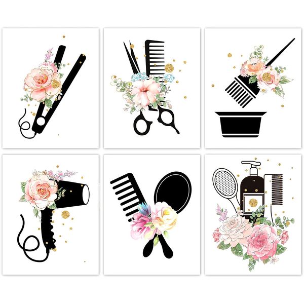 Hair Salon Wall Art, Women Fashion Bathroom Bedroom Decor, Scissors Hair Dryer Curling Iron Canvas Posters, Hairdresser Haircut Tools Art Painting for Barber Shop Decoration, 6 Set-(8"x10" Unframed)