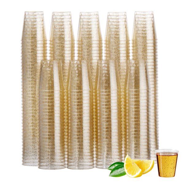 MATANA 300 Clear Plastic Shot Glasses with Gold Glitter, 30ml - Gold Jelly Shots, Jello & Tequila Shots, Sample Tasting Cups - Birthdays, Weddings, BBQ, Parties - Sturdy & Reusable