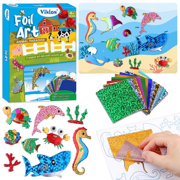 Vinlon Foil Fun Arts and Crafts Kits for Kids, Mess Free Kids Travel Activities Toys, DIY Art Craft Supplies, Christmas Birthday Gifts for Boys and Girls Ages 4 5 6 7 8 9 10 Years Old (Animals)