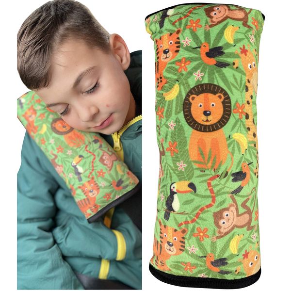 HECKBO Jungle Animals car Seatbelt Pillow for Children - Machine Washable - Girl boy Kids Children Soft car seat Belt Cover Sleeping Pillows Protection car Travel Pillow Cushion Vacation