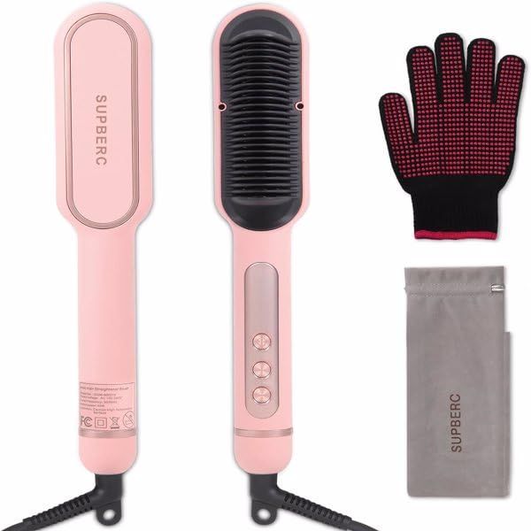 c, 30s Fast Heating, Hair Straightening Comb with LED Display, Anti-Scald & Auto-Shut Off Hair Straightening Iron (Pink)