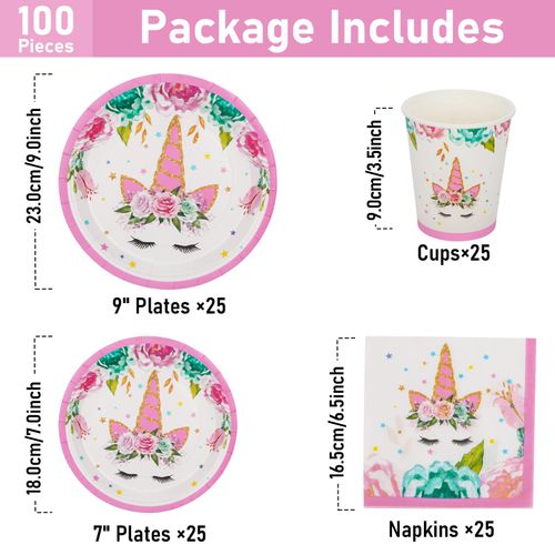 PARTY GO 100PCS Unicorn Tableware Party Supplies Set Including Unicorn Theme Paper Dinner Plates, Dessert Plates, Napkins, Cups for Girls Birthday Party Decorations, for 24 Guests