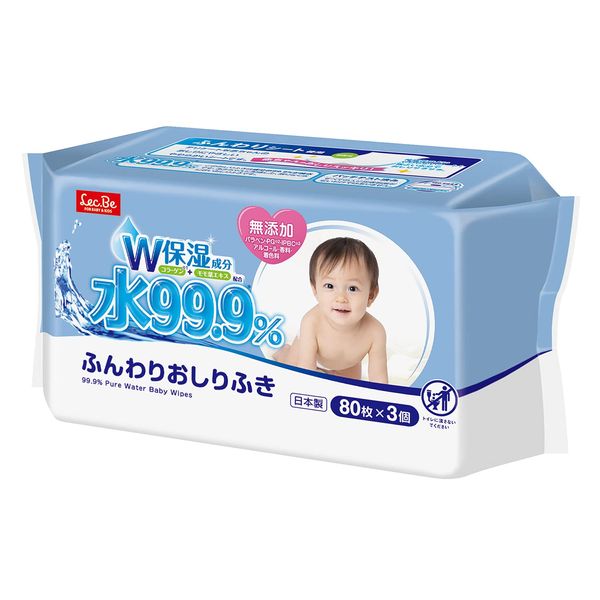 Pure Water Baby Care, Lec, Pure Water, 99.9%, Fluffy Wipes, 80 Sheets x 3 Pieces (240 Sheets), Collagen, Peach Leaf Extract, W Moisturizing Ingredients, Weak Acidity, Made in Japan