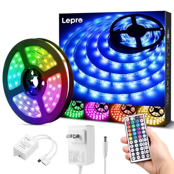 Lepro SMD5050 LED Light Strip, Waterproof RGB Light Strip, 16.4 ft (5 m), LED Strip, DIY, Multi-Color, Indirect Lighting, 44-Key Remote Control, Dimmable, Double-Sided Tape, Easy to Install, Sign, Ceiling, Under-counter Light Fixtures, Collection, Game Ro