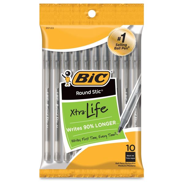Bic Round Stic Medium Ballpoint Pens 10/Pkg-Black