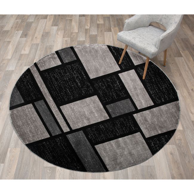 Rugshop Round Rugs Contemporary Modern Boxes Design Area Rug Gray 6'6" Round Rug