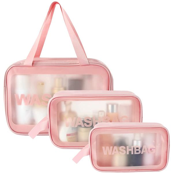 WiViVi Vinyl Pouch, Clear Pouch, Waterproof 3-Piece Set, Travel Pouch, Travel Set, Hot Spring Bag, Translucent PVC Material, Cosmetic Pouch, Makeup Pouch, Spa Bag, Makeup Storage, Large Capacity, Bath Pouch (Pink)