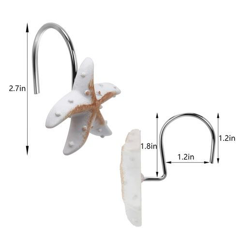 12-Pack Coastal Shower Curtain Hooks – Decorative Seashell, Starfish & Conch Design, Rust-Proof Stainless Steel, Fits Standard Rods, Nautical Bathroom Decor for Beach & Ocean Themes