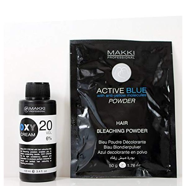 MAKKI HAIR BLEACHING KIT 20 ACTIVE BLUE BLEACH POWDER 50g + OXY CREAM VOL 20 (6%) 100ml