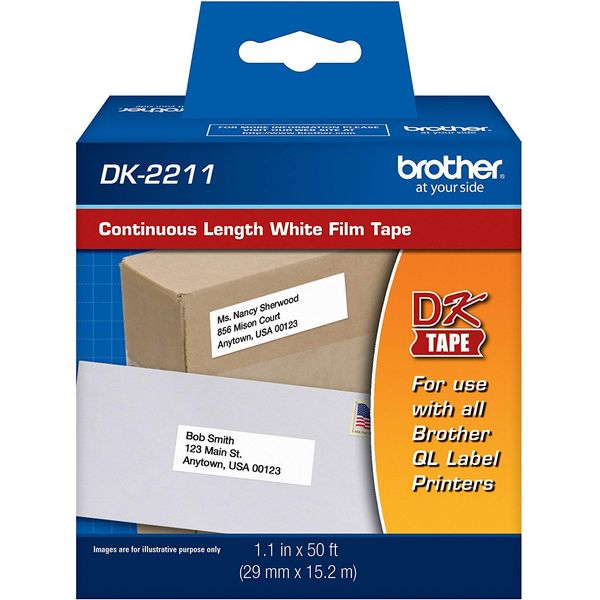 Brother Genuine DK-2211 Continuous Length Black on White Film Tape for Brother QL Label Printers, 1.1" x 50' (29mm x 15.2M), 1 Roll per Box, DK2211, Pack of 4