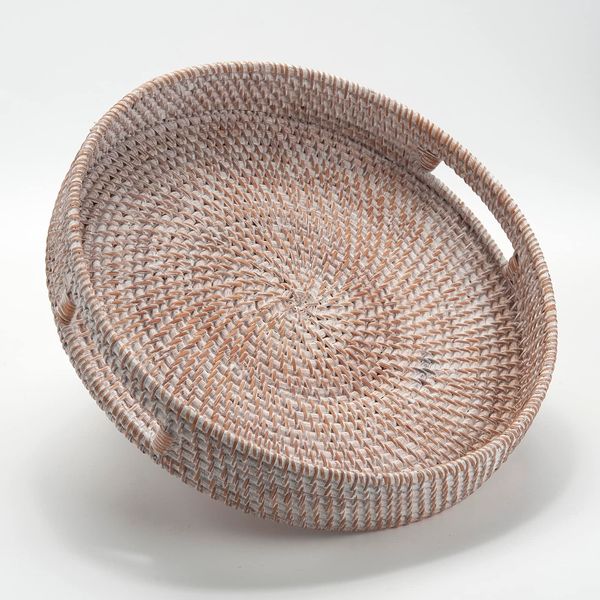 Coffee Table Tray Round Rattan Ottoman Tray Woven Serving Trays with Handles for Home and Kitchen Decorative White (Large 14 inch x 2.8 inch)