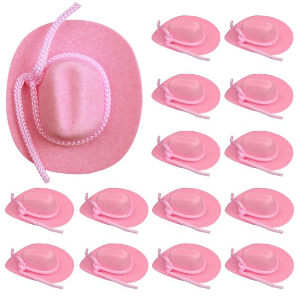 SHEHARUHI Mini Flocked Cowboy Hats - 15 Pcs Tiny Decorative Doll Hats in Pink, Cute Miniature Hats