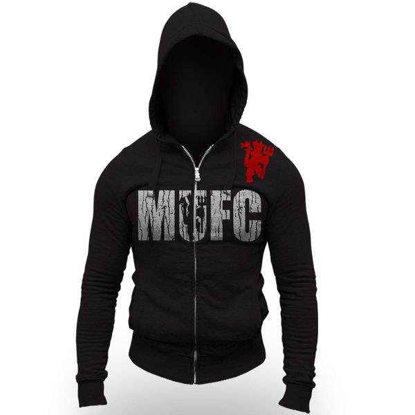 MMA Customs MUFC Manchester Devil Shield Logo Soccer Zip-Up Hoodie (2XL, Black/White Red Logo)