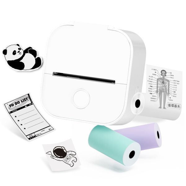 Memoqueen T02 White Printer, Small Smartphone Printer, Mobile Printer, Mobile Printer, Smartphone Compatible, Includes 3 Rolls of Thermal Paper, Can be Used for Postcards, Photo Albums, Notebooks,