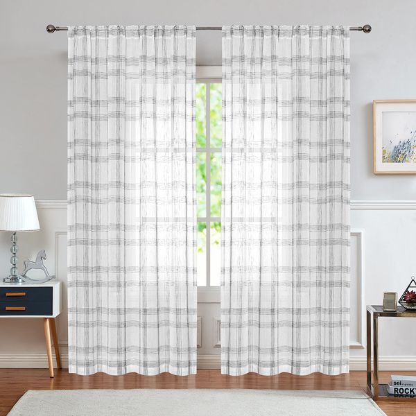 Randall Geometric Check Curtain Panels 84 Inches Long Linen Blend Semi-Sheer Backtab Rod Pocket Rustic Farmhouse Style Window Treatment Drape Sets for Living Room, 54"x84"x2, Grey/White