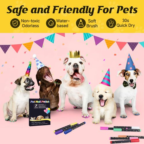 Cherocito Dog Nail Polish Pens Quick Dry,7 Colors Safe Dog Nail Polish Set to DIY Pretty Nails, Ideal Gifts for Dogs Cats Light Dark Nails, Odorless, Non-Toxic, Water-Based Pet Nail Accessories Set