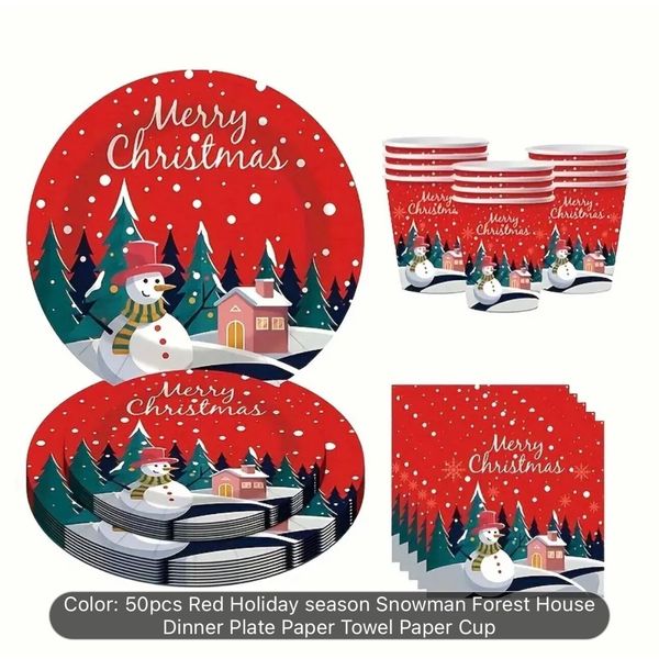 50pcs Christmas Party Pack: Snowman Themed Disposable Tableware Set with Plates,