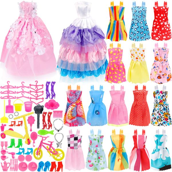 JANYUN 73Pcs Dolls Fashion Set for Dressing up Dolls, Included 18Pcs Wedding Party Outfits Clothes and 55Pcs Doll Accessories Shoes Bags Necklace Girls' Gifts