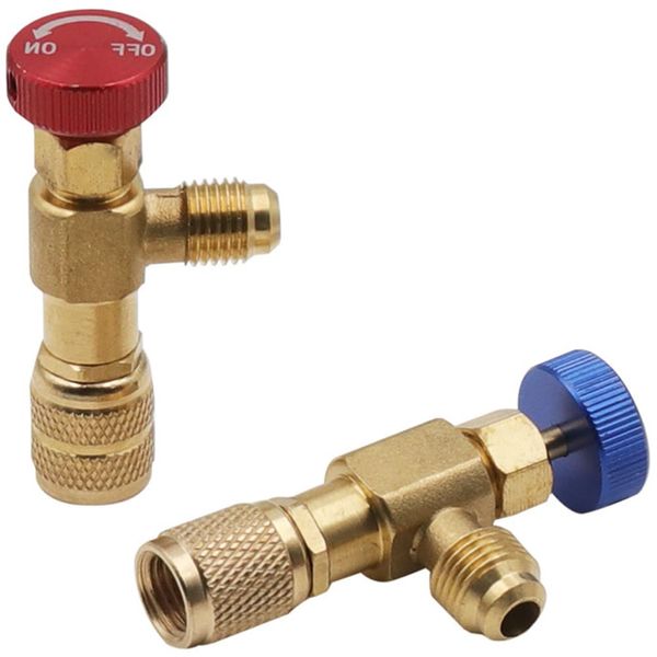 Air Conditioning Gas Charge Valve, Flow Control Valve, Control Valve, Refrigerant Ball Valve, Safety Valve, R410A, R22, Air Conditioner, Brass Valve Body, Safety Adapter, Pack of 2