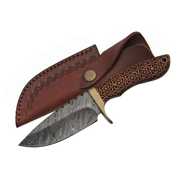 Szco Supplies 9" Fixed Blade Hunting Knife with Sheath - Hunting Knife for Men with Damascus Steel Full Tang Blade, Celtic Knot Wood Handle, Brass Guard & Sheath - Outdoor Use Hunting Knives for Men