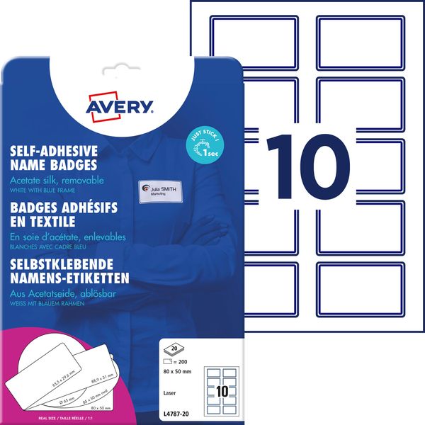 AVERY Zweckform L4787-20 Namensetiketten (200 Namensaufkleber, 80x50mm auf A4, selbstklebend, bedruckbare Textiletiketten aus Acetatseide, rückstandsfrei ablösbar) 20 Blatt, weiß mit blauem Rand