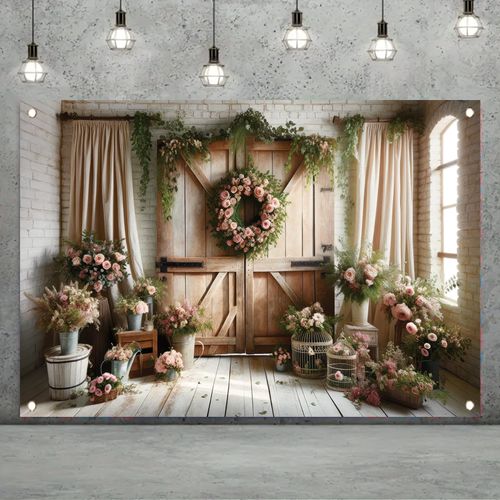 Starlit Patio Rustic Floral Wedding Backdrop 71 X 43 Inch Barn Door Photography Banner with Rose Wreath Greenery Garden Scene for Bridal Shower Engagement Party Indoor Outdoor Decoration