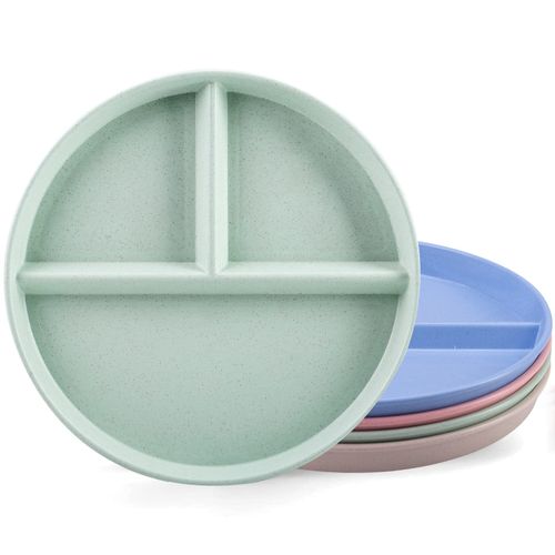 Orrdiffi Dinner Plates 4pcs Divided Plate Portion Control 3 Compartment Diet Plates,Unbreakable Plastic Plates Reusable,Microwave and Dishwasher Safe,Non-Toxin,BPA Free,Healthy for Adult Kids - 9''