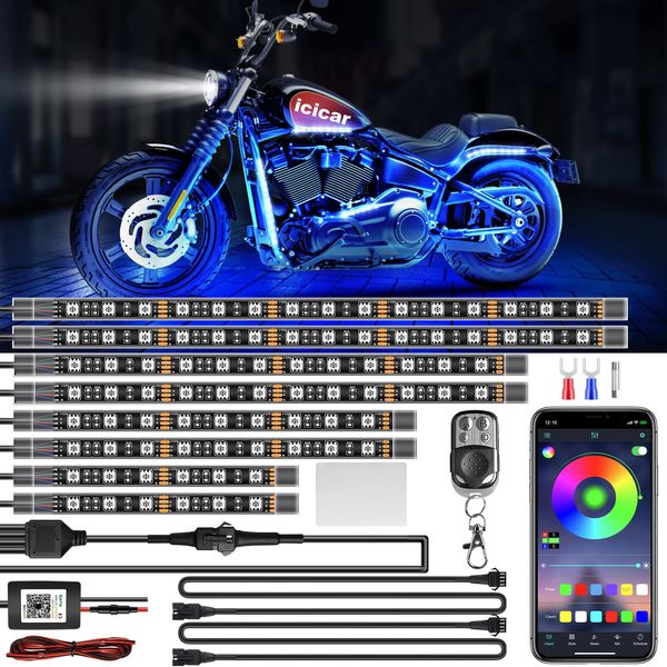 icicar 8PCS Motorcycle LED Underglow Kit, 4 Key Remote Control App Control with Two Extension Cords Motorcycle Lights Music Sync Waterproof RGB LED Motorcycle Light Kit for UTV ATV Golf Cart