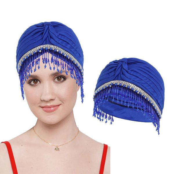 Bohend Beaded Rhinestone Turban Hat Knot Headwrap Beanie Pre Tied Pleated Headscarf Bonnet Women Tassel Head Cover Caps (Polyester, Blue)