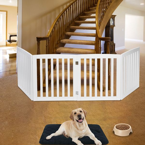 Foldable Pet Dog Gate Fence 4 Wood Panels  with Protector Feet MDF White Indoor