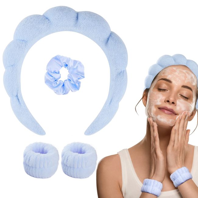 WD&CD Stirnband, Damen Spa Haarband Haarband, Make up Stirnband Handgelenk Waschband Set für Hautpflege, Gesichtsreinigung, Dusche-Blau