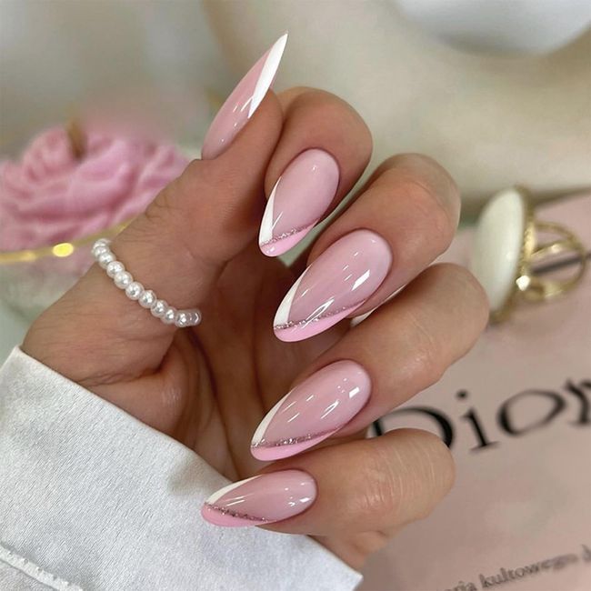 24pcs Short Almond False Nails French Tip White Edge Stick on Nails Glitter Gold Line Pink Press on Nails Removable Glue-on Nails Full Cover Fake Nails Women Girls Nail Art Accessories