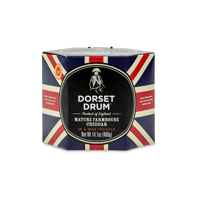 Food-United ENGLISH FARMHOUSE Cheddar Käse 400g Dorset Drum D.O.P. mature cheddar cheese 12 Monate gereift englischer Schnittkäse passt zu Käseplatte mac-n-cheese mixed pickles Gurken Wein Nüssen (1)