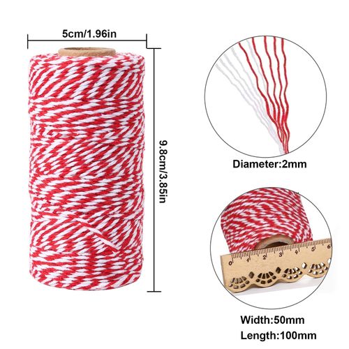 AUERVO 100M Christmas Candy Craft String, Red and White String Cotton Wrapping Twine, 2MM Durable Bakers Twine For DIY Crafts and Handmade Arts