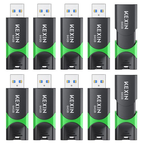 KEXIN 64 GB Flash Drive 10 Pack USB 3.0 Flash Drive 64G Thumb Drive 3.0 Memory Stick Data Storage USB Stick with LED Indicator,64G 10Pack Black+ Green