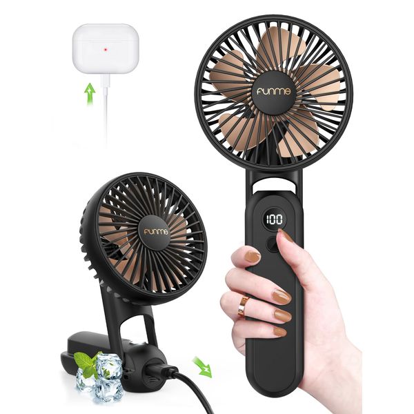 Funme Handheld Fan Portable, Mini Fan 5 Speeds/Backup Power/Digital Display, 2600 Battery 18hrs Rechargeable 180° Foldable USB Fan for Girls, Travel Fan Accessories for Women