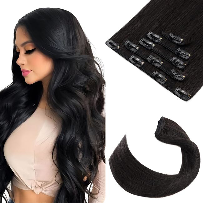 Elailite 5 Stück Remy Human Hair Extensions Echthaar - Clip in Extensions Echthaar - Echthaar Extensions Clip - glatt - 14"(35cm 60g) #1B Natürliches Schwarz