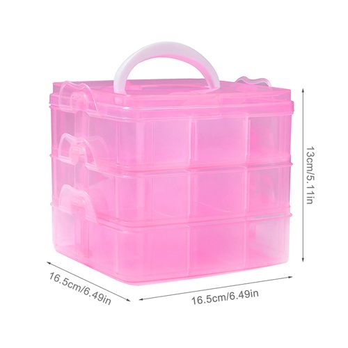SacJkt Craft Storage Box, Compartments Divider Organizer, 3 Layers 18 Compartments Transparent Detachable Storage Box with Handle for Crafts, Jewelry, Toy, Sewing Accessories (Pink)