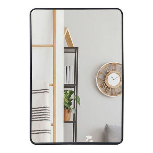 Black Metal Framed Rectangular Wall Mirror 24"x36" Bathroom Mirror w/Peaked Trim