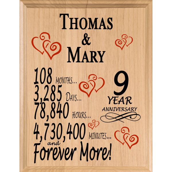 Personalized 9 Year Anniversary Gift CUSTOM MAPLE 9th Year for Her Him or Couple