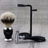 Shaving Set in Black Featuring Silver Tip Badger Brush & DE Safety Razor