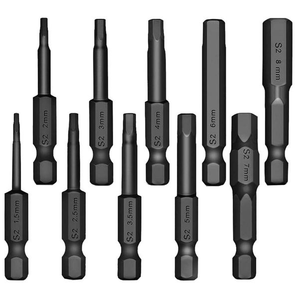 EUSTACE 10 Pcs Hex Bit Screwdriver Bit Set, 0.25 inch (6.35 mm) Shank, 0.06 - 0.3 inches (1.5 - 8 mm), Hex Wrench Bit Set, S2 Steel, Electric Screwdriver Bit, Magnetic, Hexagon Bit for Screw