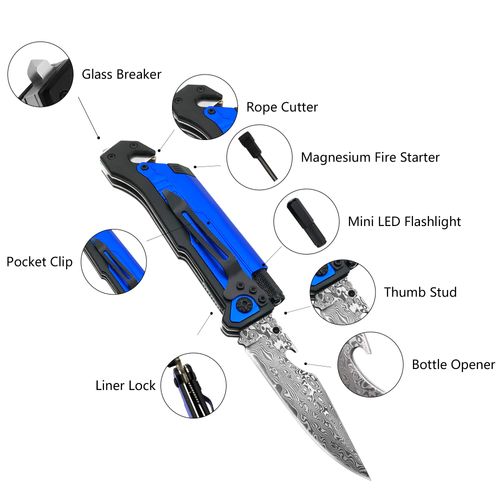 ALBATROSS 6-in-1 Modern Damascus Steel Folding Pocket Knives with LED Light,Seatbelt Cutter,Glass Breaker,Magnesium Fire Starter,Bottle Opener;Multi-Function Emergency Tool(Blue-da)
