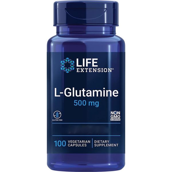 Life Extension, L-Glutamine, 500mg, High Dose, 100 vegan Capsules, Lab-Tested, Gluten free, Vegetarian, Soy free, GMO free