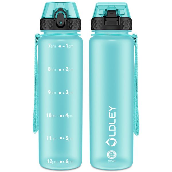 OLDLEY 1L/32oz Sports Water Bottle with Straw, 1000ml Motivational Drinks Bottle with Time Markings Leak Proof Drink & Lock Cover, BPA Free for Gym School Cycling Running Hiking