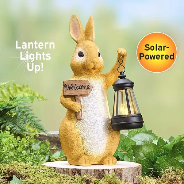 Welcome BUNNY with Solar LED Lantern GREETER Statue Easter Figurine Spring Decor