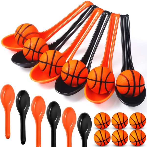 PullCrease 12 Pack Basketball Theme Party Game Spoon Relay Race Toy Set for Kids Adults Basketball Foam Ball and Spoon Race Game for Sports Party Indoor Outdoor School Class Birthday Party Supplies