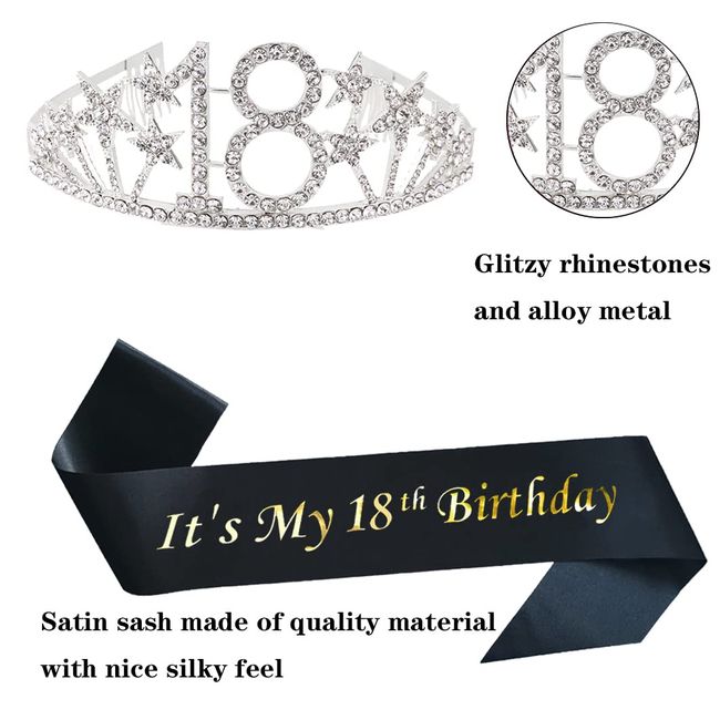 Happy 18th Birthday Tiara and Sash Gifts Crystal Rhinestone Princess Crown Birthday Girl Party Favor Supplies Silver Crowns Black Sash