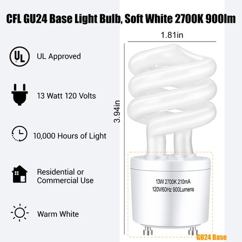 Winkcao CFL Light Bulbs GU24 Base, T3 Spiral 13Watt (60Watt Equ) Soft White 2700K 900lm Compact Fluorescent Light Bulbs, UL Approved, 120v 60Hz, Self Ballasted CFL Bulbs, Pack of 4