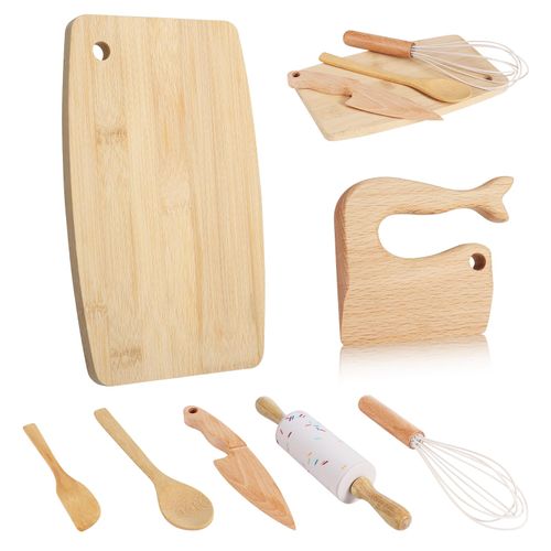 HEQU 7 Pieces Wooden Kids Knife Children's Safe Knifes and Kids Baking Set for Real Cooking, Toddler Montessori Kitchen Tools for Cutting Veggies Fruits Salad Cake